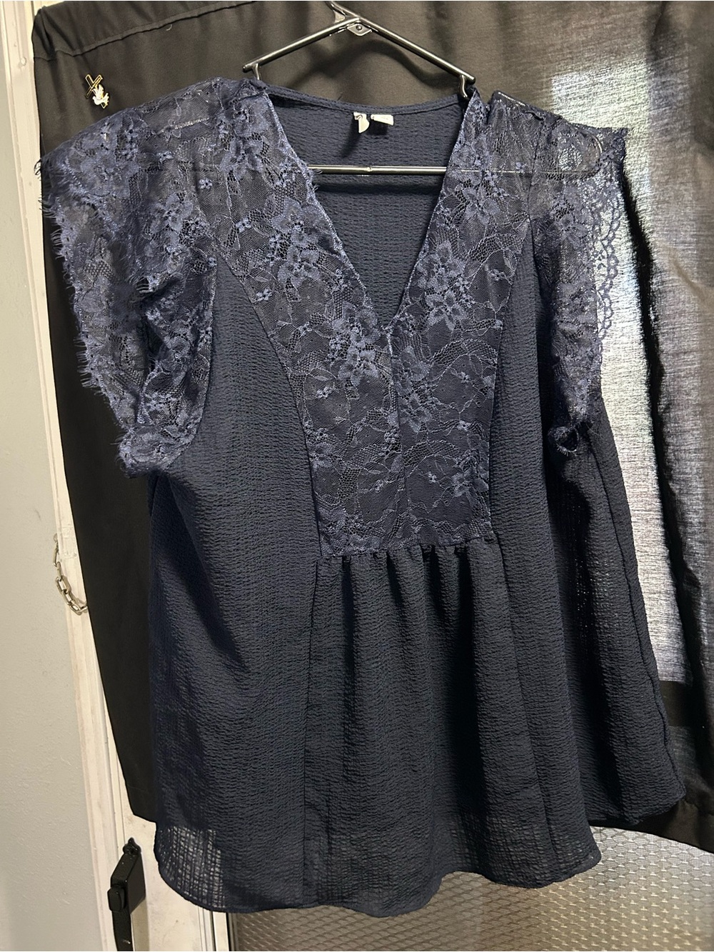 Lace-Trim Navy V-Neck Blouse